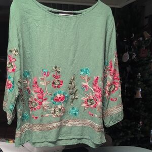 Ana & Rose Embroidered Floral Green Blouse